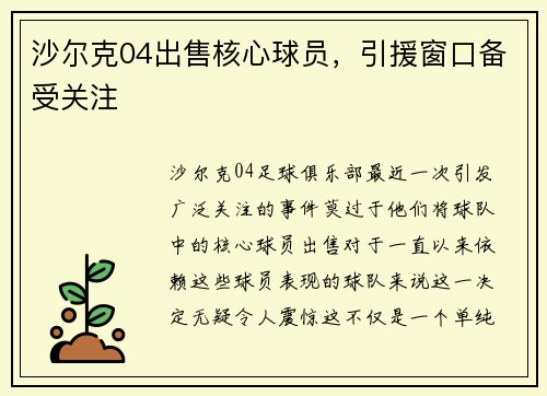 沙尔克04出售核心球员，引援窗口备受关注